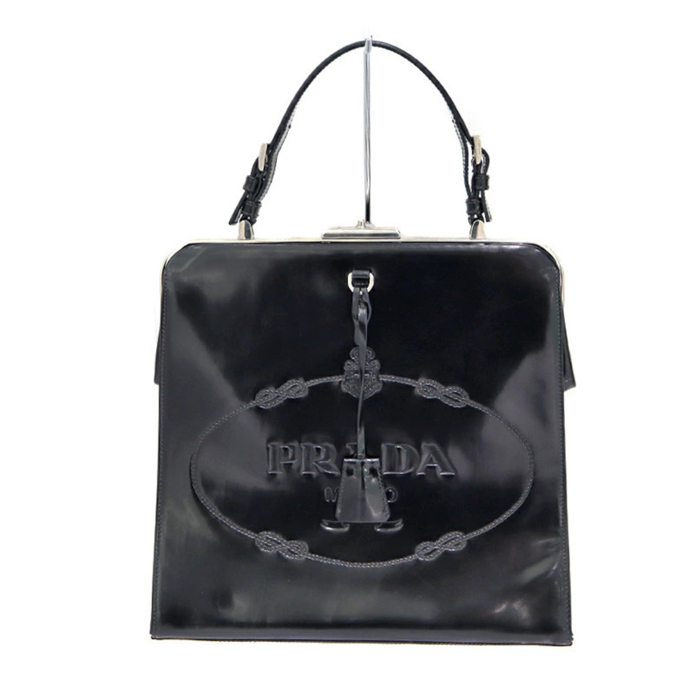 Prada Embossed Logo Handbag Enamel Black